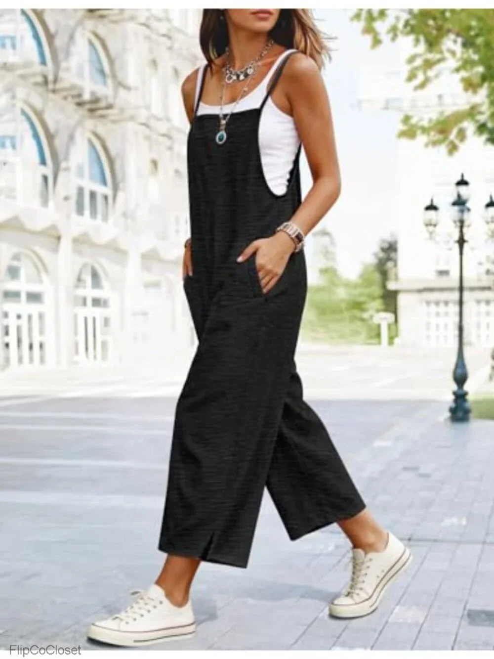 Women's Loose Fit Wide Leg Cropped Overalls Jumpsuit with Pockets Boho Summer